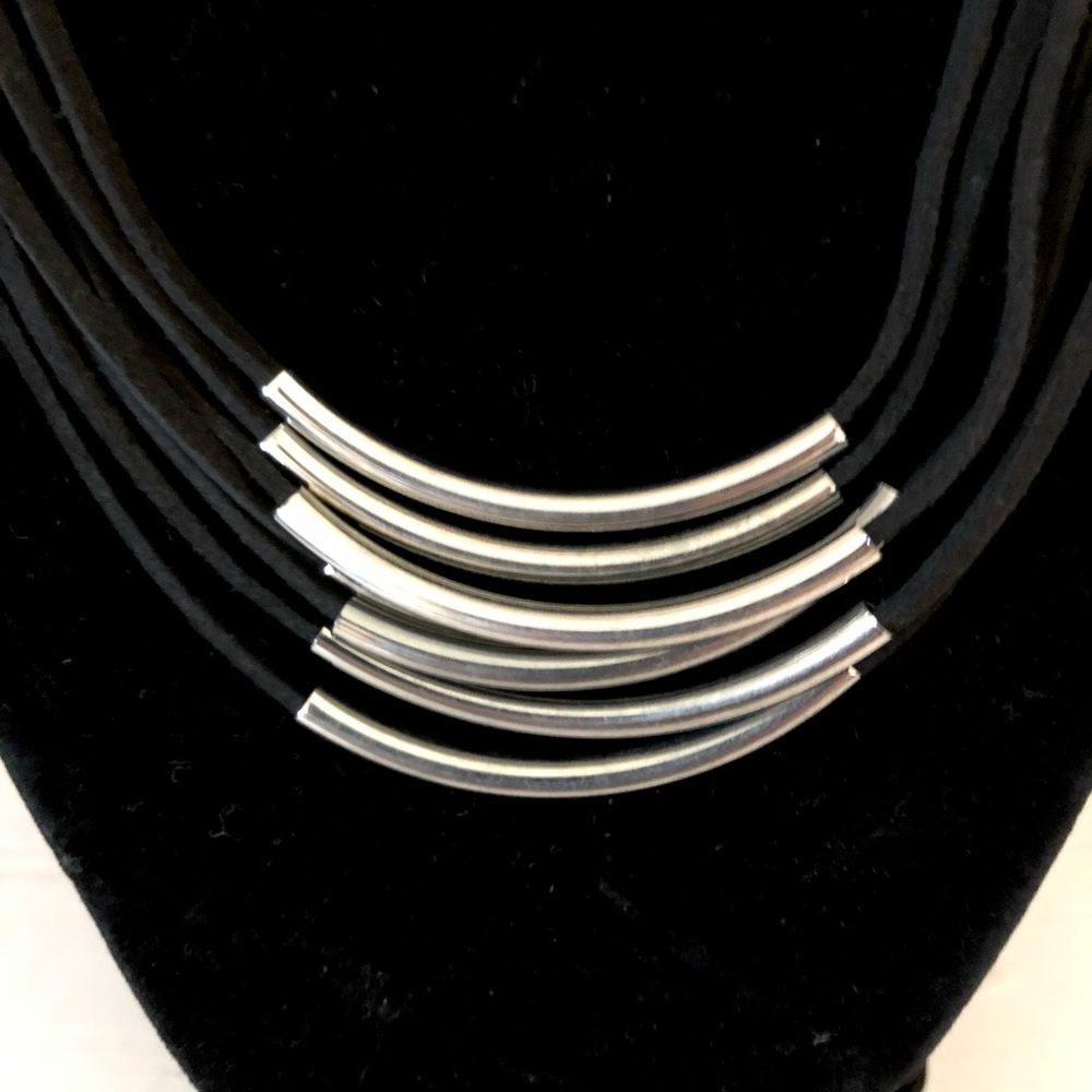 Black Layered Silver Bar Necklace - Picture 3 of 4